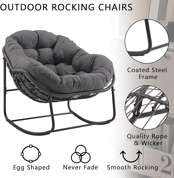 Oversized Outdoor Papasan Rocking Chair with Soft Cushion, Comfy Patio Egg Chair, Wicker Lounge Rocker for Balcony/Porch/Garden, Reinforced All Weather Rattan Frame, 330 lbs Support, Dark Grey