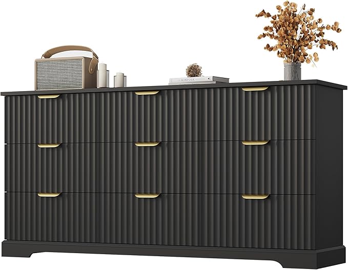 Fluted Dresser with 9 Drawers for Bedroom, 63" Wide Dresser with Metal Handle, Wooden Chest of Drawers for Bedroom, Living Room, Entryway, Black