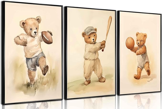 3Pcs Teddy Bear Sports Nursery Animal Canvas Wall Art Cute Woodland Baby Bear Rugby Wall Decor Pictures Football Basketball Baseball Kids Room Posters Prints for Children Bedroom Decoration No Frames