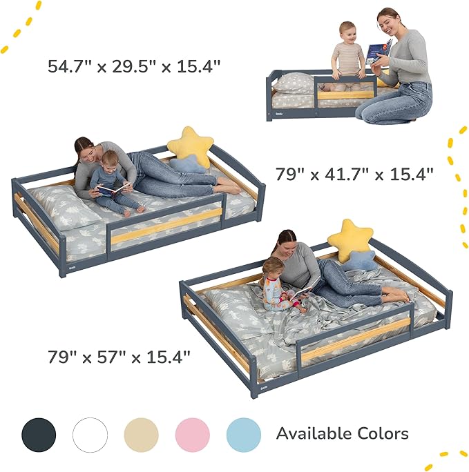 Ocodile Toddler Bed with Rails | Low Montessori Floor Bed Frame for Kids | Standard Crib Size Wooden Frame for Independent Toddlers 1-3 - Gray