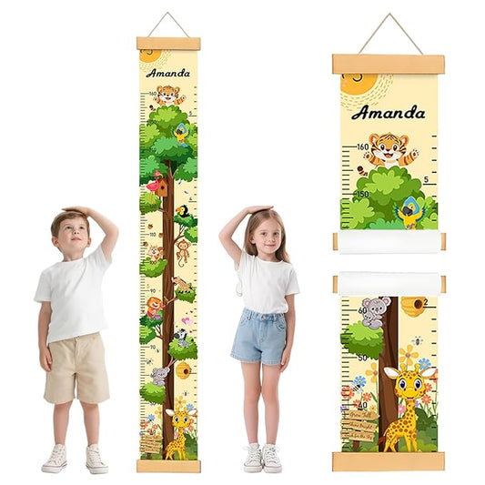 Personalized Wooden Painted Trees and Animals Hanging Canvas Height Ruler, Height Growth Chart for Baby, Kids Measuring Chart for Wall, Kids Room Wall Decor, Removable & Waterproof Growth Chart