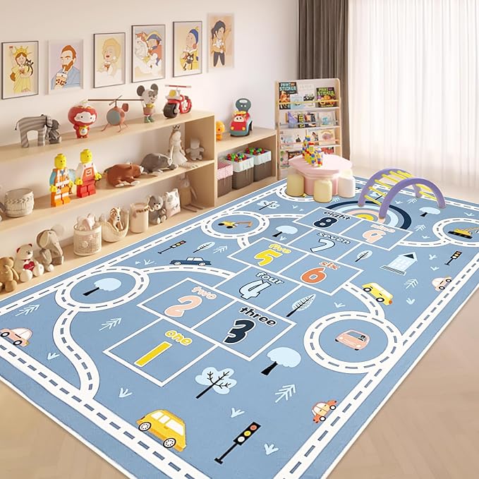 Hopscotch Car Rug 10Ft Extra Large Blue Kids Play Mat Rainbow Classroom Carpet for Children Boys Girls Bedroom Educational Learning Area Rug, Preschool Car Road, 6.6x9.8Ft