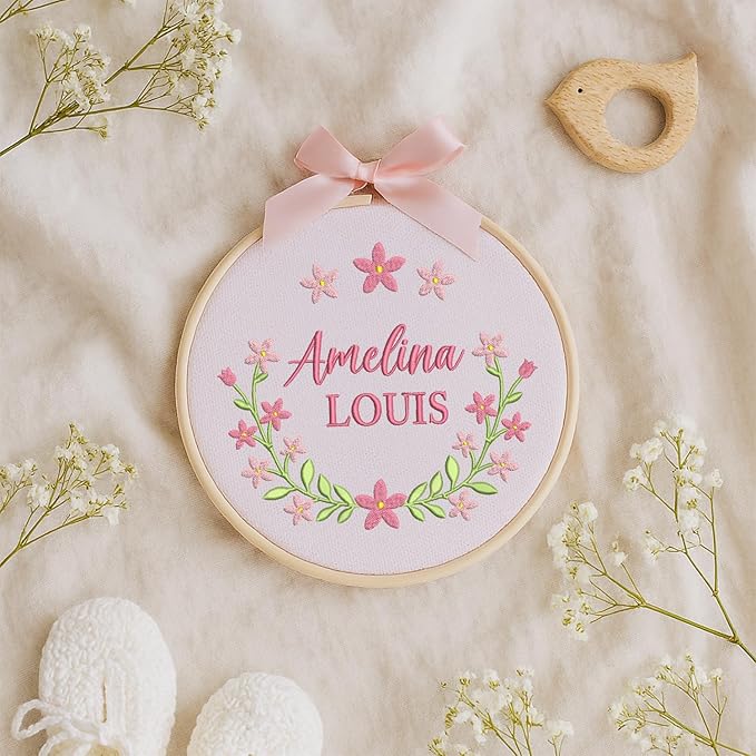 Personalized Baby Name Sign Welcome Baby Announcement Sign Newborn Baby Embroidery Hoop with Bows Baby Hospital Name Sign Custom Infant Baby Name Baby Shower Gifts (02)