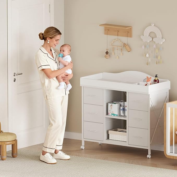 Changing Table, 6-Drawer Baby Dresser with Changing Table top, Waterproof Diaper Changing Station & Pad, 2 Height-Adjustable Open Storage Shelves, Mobile Nursery Organizer, White