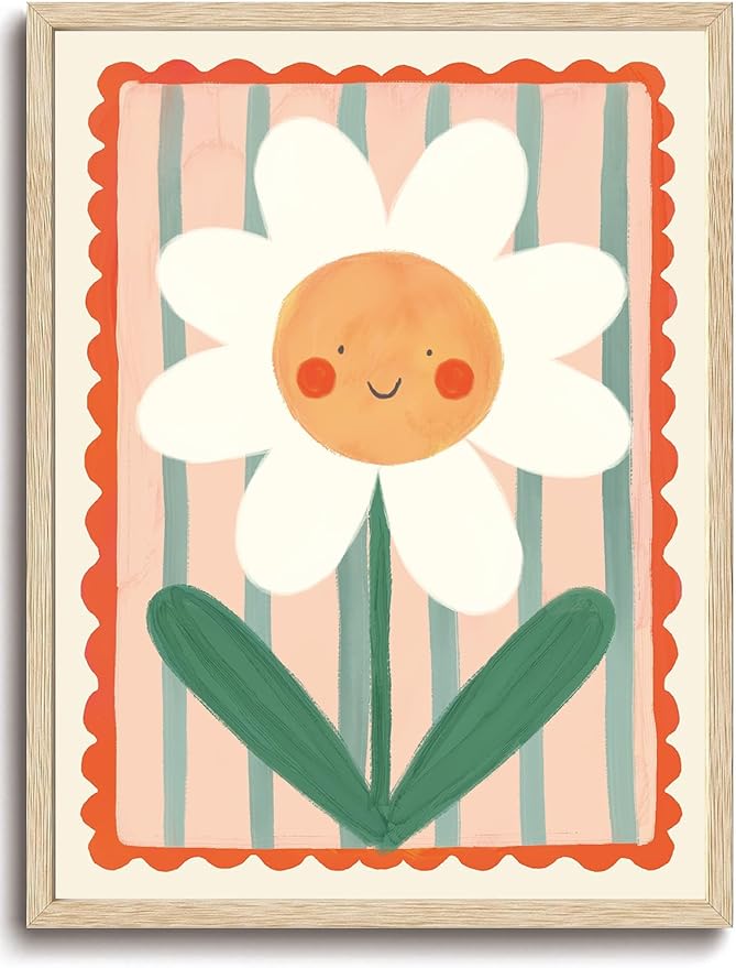 KISSFOX Framed Wall Art Nursery Wall Decor Sunshine Floral Pictures Kids Cute Flower Canvas Art Colorful Daisy Paintings Sweet Whimsical Artwork For Children Boys Girls Room