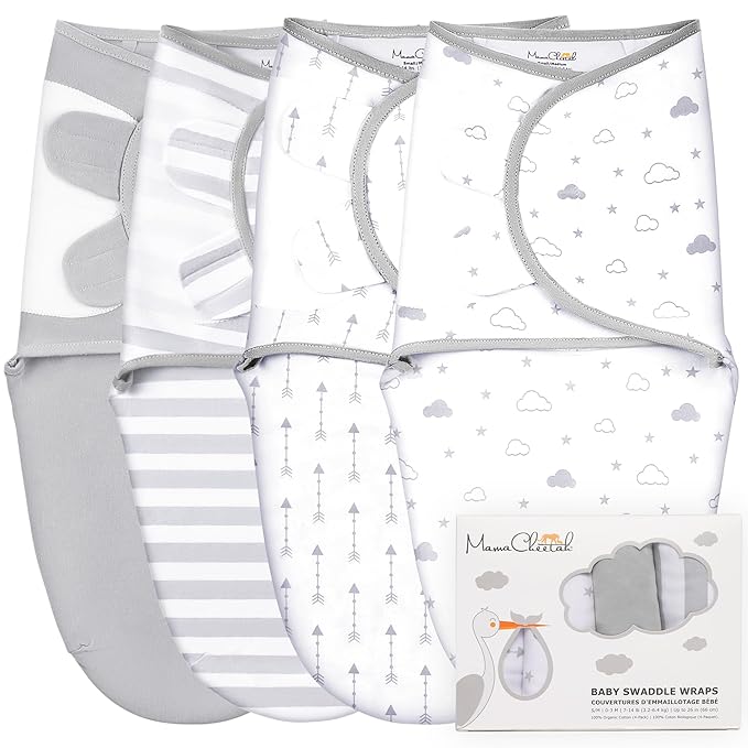 Mama Cheetah Preemie Swaddle Sack, Organic Cotton Swaddling Sleep Sacks, Preemie Swaddle Blanket Wrap, Easy Swaddles for Premature Baby Boy Girl 4-7 lbs, Newborn Essentials, 4-pack Grey