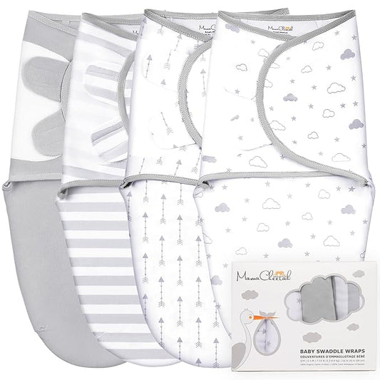 Mama Cheetah Baby Swaddle Sack, Organic Cotton Swaddle Blanket, Adjustable Swaddle Sleep Sacks, Easy Swaddles for Boy Girl 0-3 Month, Baby Essentials, 4-Pack, 4-pack Grey
