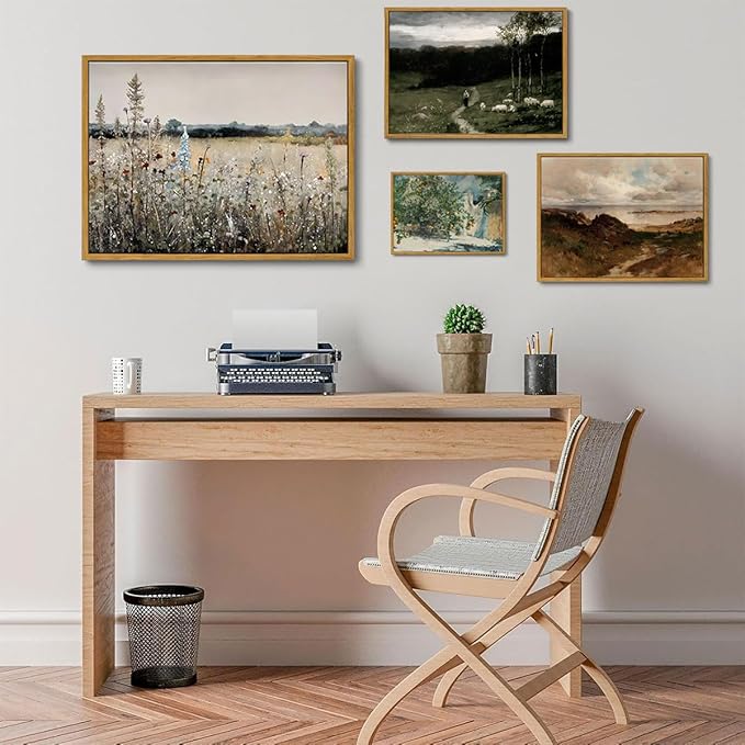 OIQArtOIQ Vintage Wildflowers Landscape Wall Art Framed Floral Natural Scenery Oil Painting Canvas Prints Country Farmhouse Decor Pictures Kitchen Bedroom Living Room Bathroom