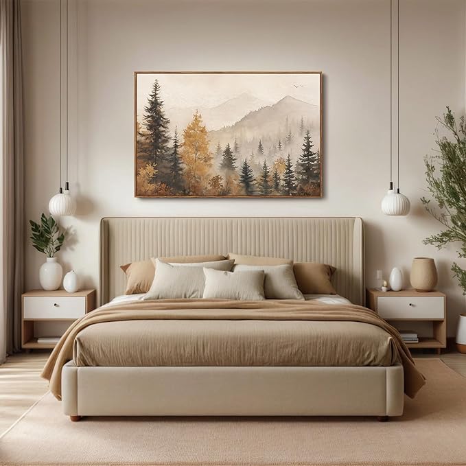 OIQArtOIQ Vintage Framed Wall Art Autumn Mountain Landscape Canvas Art Prints Fall Forest Rustic Farmhouse Pictures Wall Decor Modern Cottagecore Paintings Artwork For Bedroom Bathroom Living Room