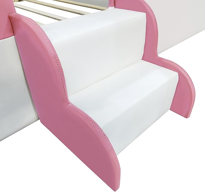 King Size Upholstered Daybed Frame with Fence and Stairs, Montessori Kids Floor Bed with Sturdy Slat Support for Kids Boys Girls