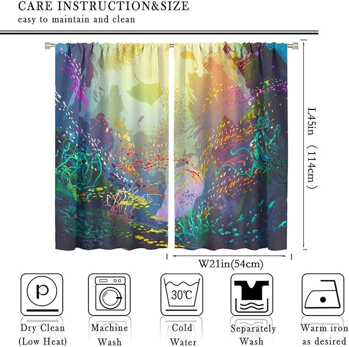 Ocean Decor Curtain, Untouched Wild Underwater Aquatic World Corals Exotic Fishes Seascape Curtain for Living Room Cafe Set 2 Panels,42x45 Inches, Style-2