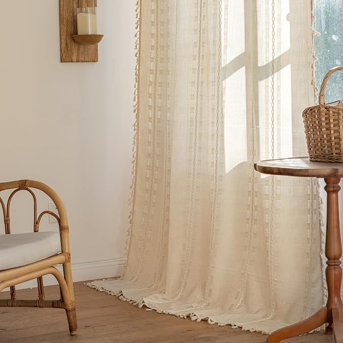 Deeprove Ivory Boho Curtain 84 inches Long for Living Room Bedroom, Vintage Aesthetic Sheer 84 inch Length Beige Cream Stripe Embroidery Privacy Window Tassel Decor W52 x L84, 1 Panel
