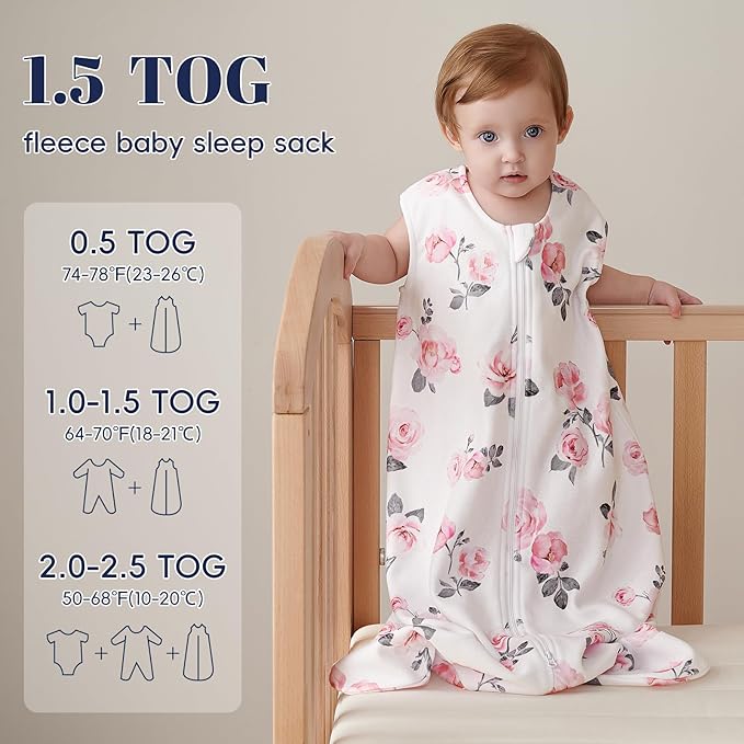PHF 3 Pack Warm Micro-Fleece Baby Sleep Sack 6-12 Months, Soft Baby Wearable Blanket, 2-Way Zipper Sleeping Bags, Comfy Toddler Sleeping Sack for Girls, Medium Size, Floral