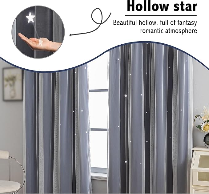 Anytime Romantic Kids Curtain,Hollow-Out Stars Window Curtain Double Layer Blackout Curtains for Girls Bedroom Kids Room 2Panel,(W52 x L63,Navy Blue)