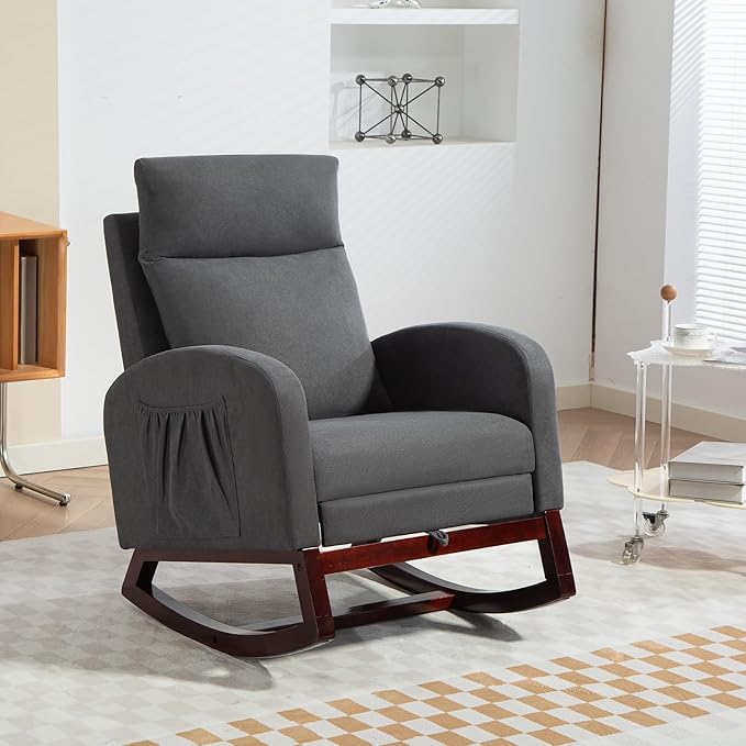 Rocking Chair Nursery Glider Chair with Foot Rest, Nursery Rocking Chairs with Rubber Wood Legs Side Pocket, High Back Nursing Chair, Accent Rocker Arm Chair Baby Bedroom, Living Room, Gray
