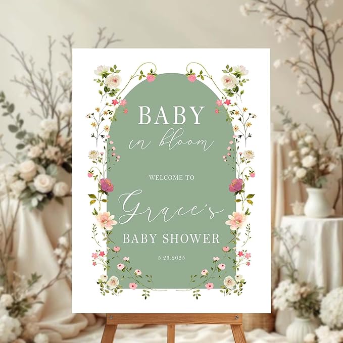 Personalized Green Arch Baby Shower Welcome Sign - Baby in Bloom Floral Announcement Sign - Elegant Girl Entrance Decor