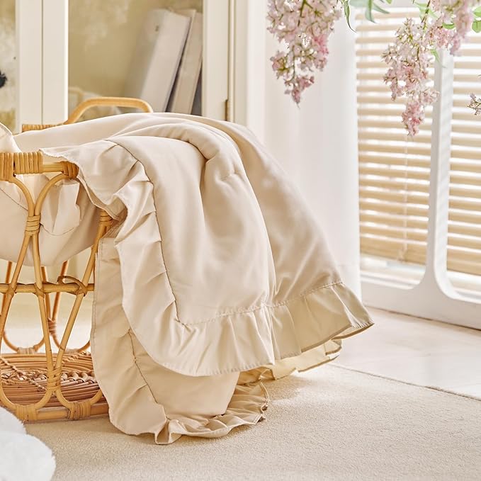 Ruffled Toddler Blanket Ruffle Comforter for Baby Toddler Girls, Soft Cozy Cute Quilted Blanket Breathable Microfiber Comfortable Down Alternative Small Size Quilt with Ruffle - 39"x 47" Cream