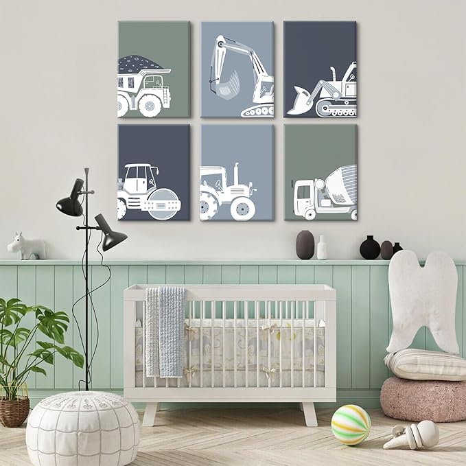 Construction Truck Wall Art Nursery Canvas Wall Decor Boys Room Wall Art Kids Car Posters Toddler Prints Nursery Artwork Excavator Tractor Pictures for Playroom Bedroom 8x10x6 Inch Framed