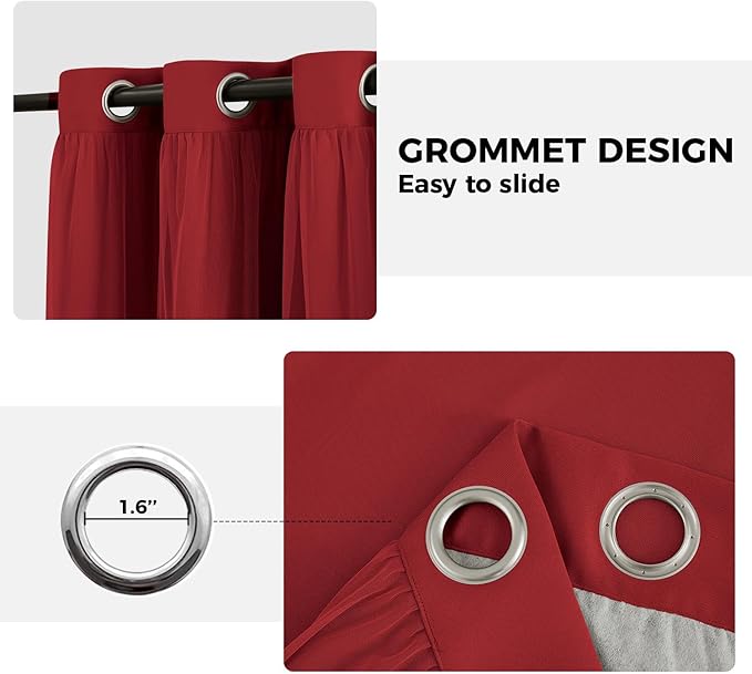 100% Blackout Curtains for Bedroom, Double Layer Red Curtains, Black Out Curtain 96 inch Long with Sheer Overlay for Living Room, Room Darkening Window Drapes with Grommet, 52" W x 96" L