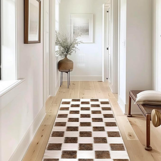 EverGrace Checkered Plaid Area Rug 2x6, Soft Fuzzy Faux Wool Rugs Washable Anti Slip Rugs Long Runner Rug for Entryway Bedroom Living Room Hallway Dining Room and Laundry, Dark Brown and White