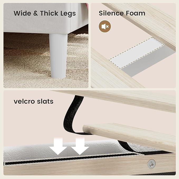 ADORNEVE Twin Size Bed Frame with LED Lights, Princess Velvet Upholstered Platform Bed for Girls, Headboard with Charging Station & Guardrail & Crystal Button, No Box Spring Needed, Beige