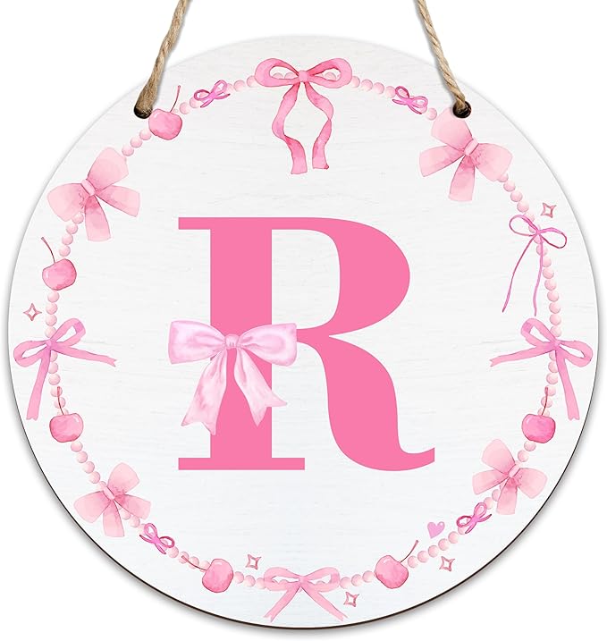 Monogram Round Sign For Front Door, Cherry Bow Theme Sign For Porch Art Wall Door, Initial Signs Hanging Ornament For Indoor Outdoor, Decorations Gifts For Four Seasons Rustic Home Kitchen, R, A18