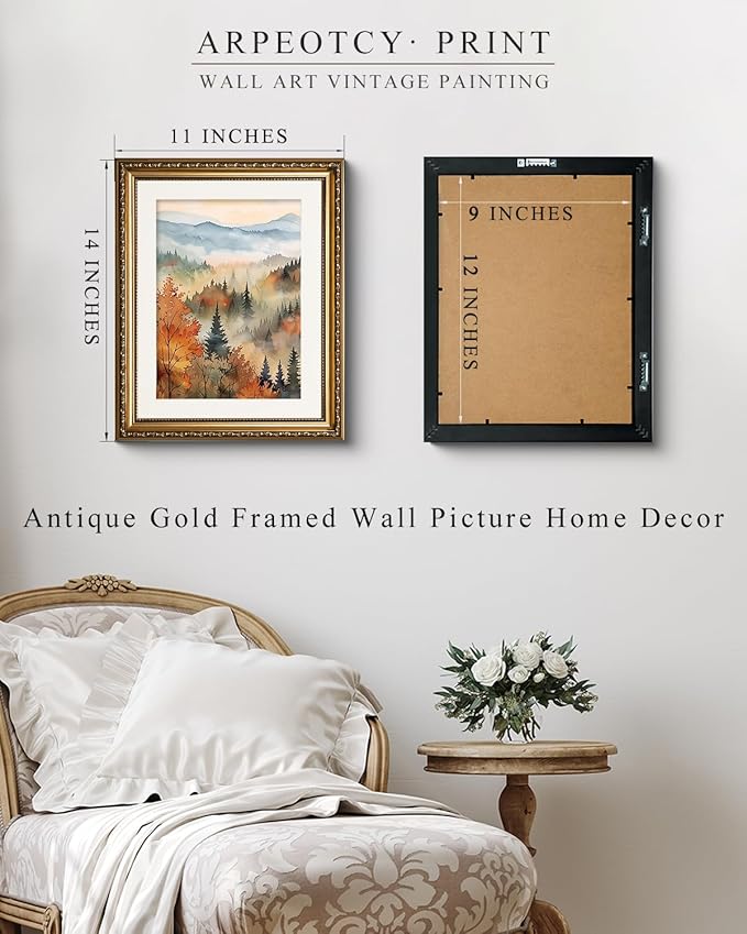 ARPEOTCY Vintage Gold Framed Wall Art, Fall Forest Autumn landscape Paintings, Aesthetic Canvas Prints Artwork with Frame, Classical Victorian Wall Decor for Living Room Bedroom 11x14 inch