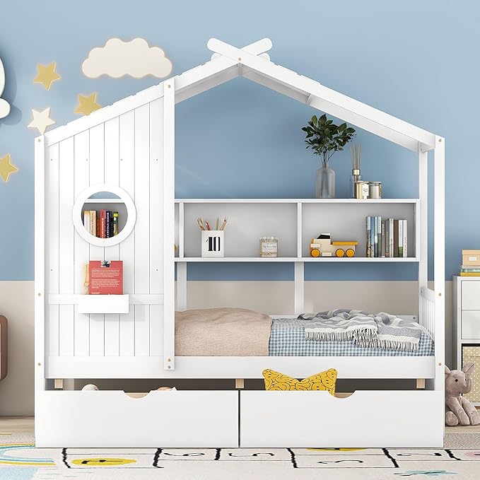 Merax Wood Multifunctional Daybed with Drawers/Storage Shelf, House Low Day Bed for Kids, Space Saving, Easy Assemble White
