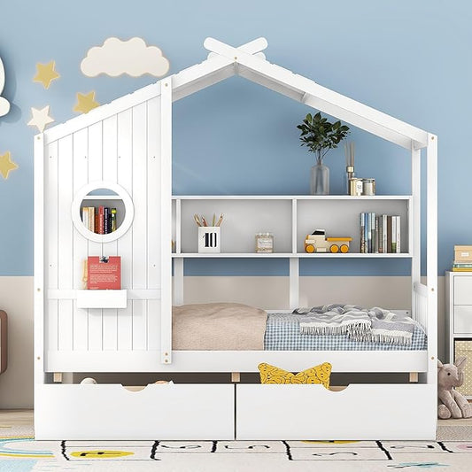 Harper & Bright Designs Twin Size Modern House Bed with Roof, Wooden Twin Size House Bed with 2 Drawers and Storage Shelf, White