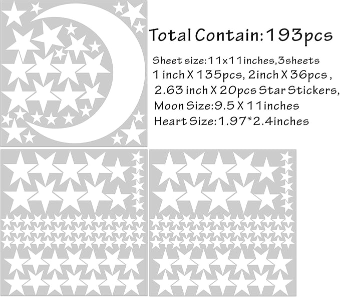 Easma Star Wall Decals (191stars+1moon+1heart) 3 Size White Stars and Moon Decals Removable Peel and Stick Stickers Fits Kids Room Decor