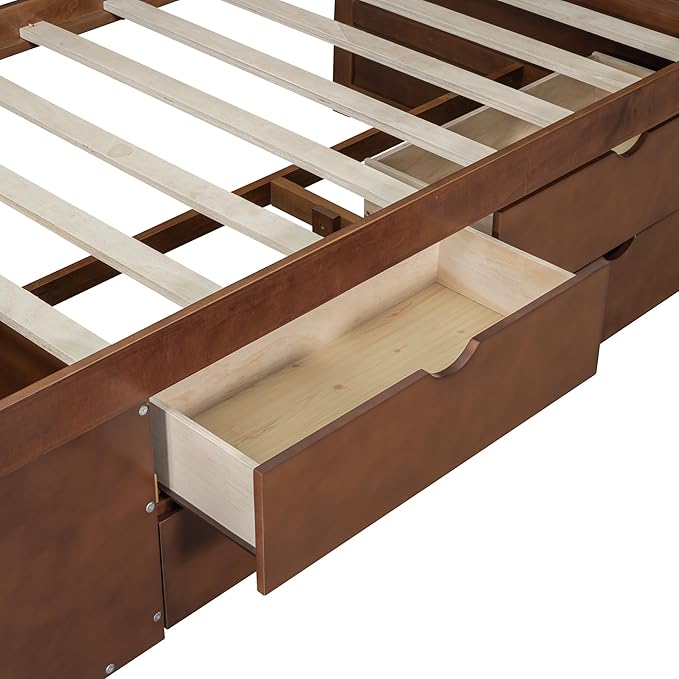 Twin Size Daybed with 4 Storage Drawers and Shelves, Wooden Twin Platform Bed Frame with L-Shaped Headboard and Slats Support, Corner Bed Twin Captain Beds for Kids Boys Girls Teens, Walnut