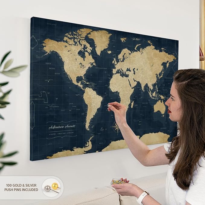 ElephantStock - Adventure Awaits World Map With Push Pins Wall Art - Horizontal Canvas Wall Art - Living Room Wall Decor - Digital Art Map Canvas Art - Gold And Blue Decor - 39" x 26"
