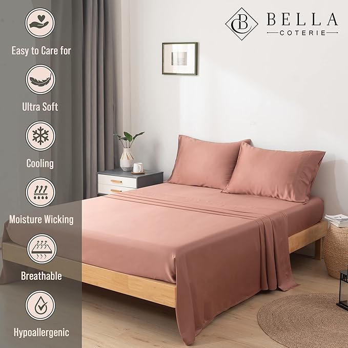 Bella Coterie Luxury Bamboo Viscose Split King Size Sheet Set | 2 Fitted Sheets for Sleep Number & Adjustable Beds | 100% Organically Grown | Cooling & Ultra Soft | 18” Deep Pocket [Raisin]