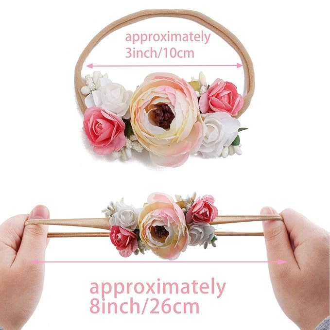 Baby Girl Floral Headbands- 3pcs Nylon Headband Handmade Flower Crown Elastic Hairband Newborn Toddler Hair Accessories Gifts for Girls （1-6 years old）