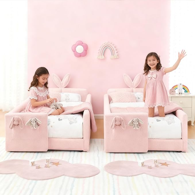 Twin Bed with Rails, Montessori Bed Frame for Toddlers, Boucle Upholstered Platform Bed with Rabbit Ear Headboard, for Kids & Teens, Pink