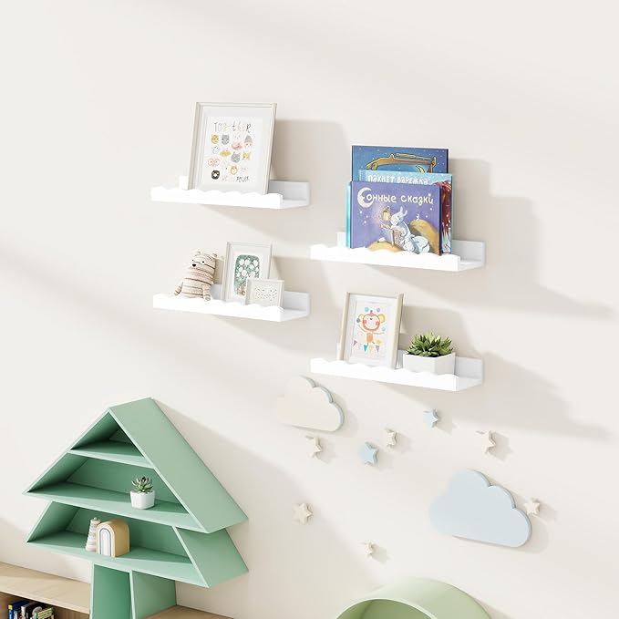 Fun Memories Picture Ledge Shelf for Wall, 16 inch Pine Wood Nursery Book Shelves Set of 4- Wall Book Shelves for Kids Room, Home Decor - Kitchen Spice-White