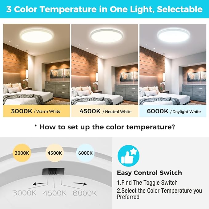 libtit 3 Pack 13 Inch LED Flush Mount Ceiling Light, 3000K/4500K/6000K Ultra-Slim LED Ceiling Light, 3200 LM 28W Modern Ceiling Light Fixture for Bedroom, Kitchen, Bathroom, Hallway - White