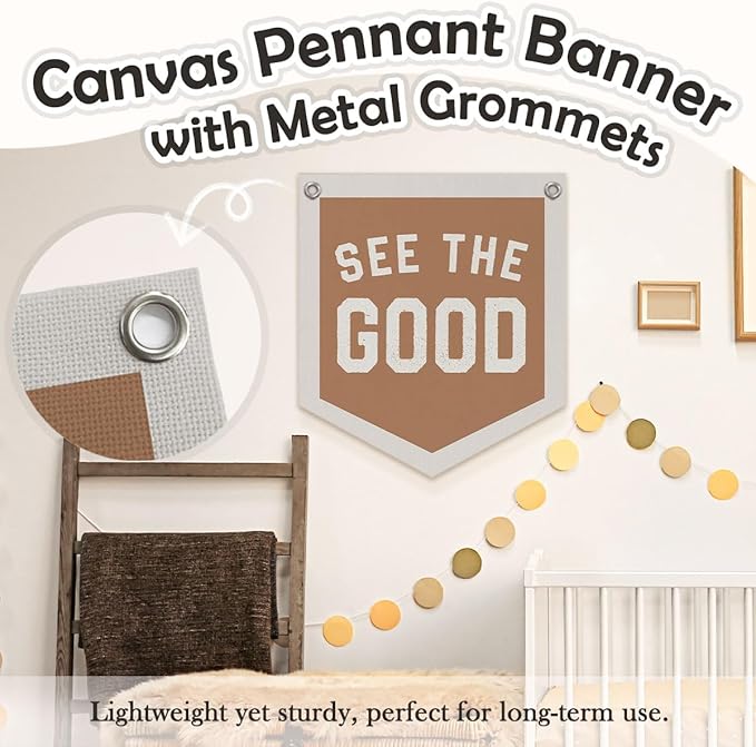 See The Good Banner – Boho Vintage Linen Pennant, Inspirational Wall Hanging Flag for Accent Decor, 12.4x14 in