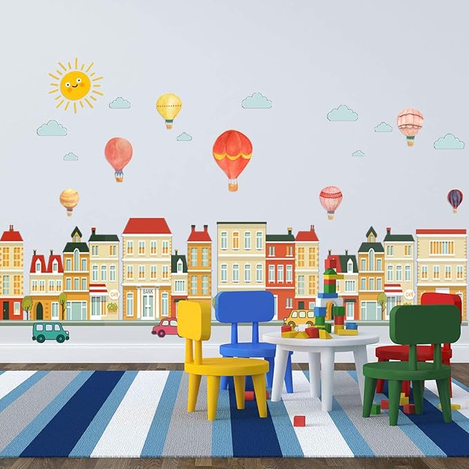 Cartoon City Wall Decals, Whimsical Hot Air Balloons, Houses, Animals, Rainbow, Sun, Clouds Design, Removable Vinyl Stickers for Kids Room, Nursery, Bedroom, Playroom Decor (Colorful-02)