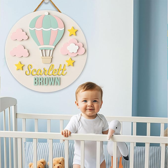 Personalized Wooden Name Sign Baby Decor – Custom Hot Air Balloon Wooden Plaque with Pastel Colors, Nursery Wall Hanging Name Sign for Baby Boys or Girls