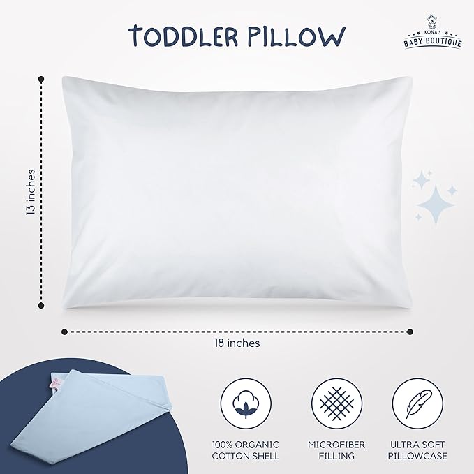 Blue - Kona's Perfect Toddler Pillow With Softest Pillowcase - 13 x 18 Inch - for 2 and 3 Year Olds