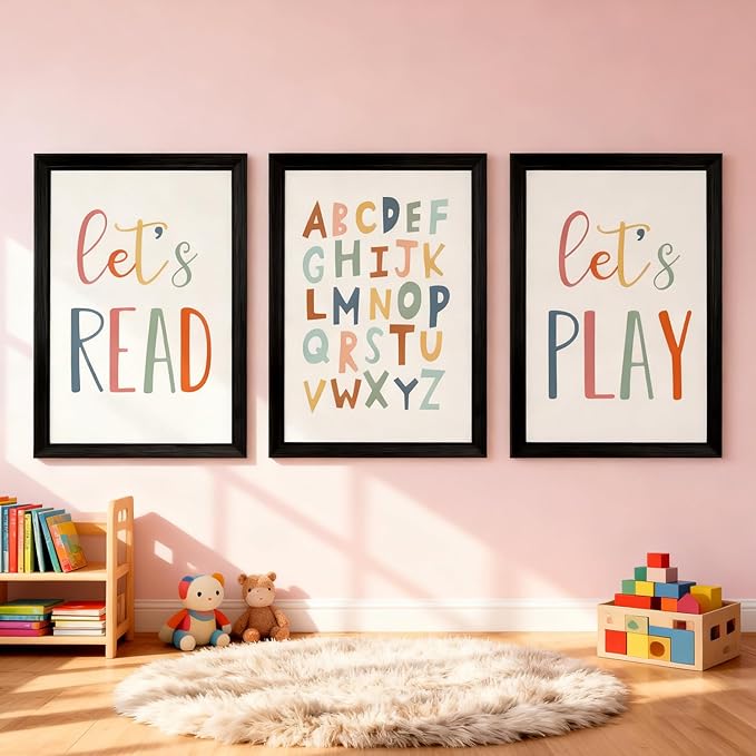 3 PCS Alphabet Framed Playroom Wall Decor,Classroom Must Haves Boho Educational ABC Poster Wooden Sign for Baby Girl Kid Boy Toddlers,Neutral Preschool English Letters Nursery Decor for Homeschool Kindergarten Kids Learning Black