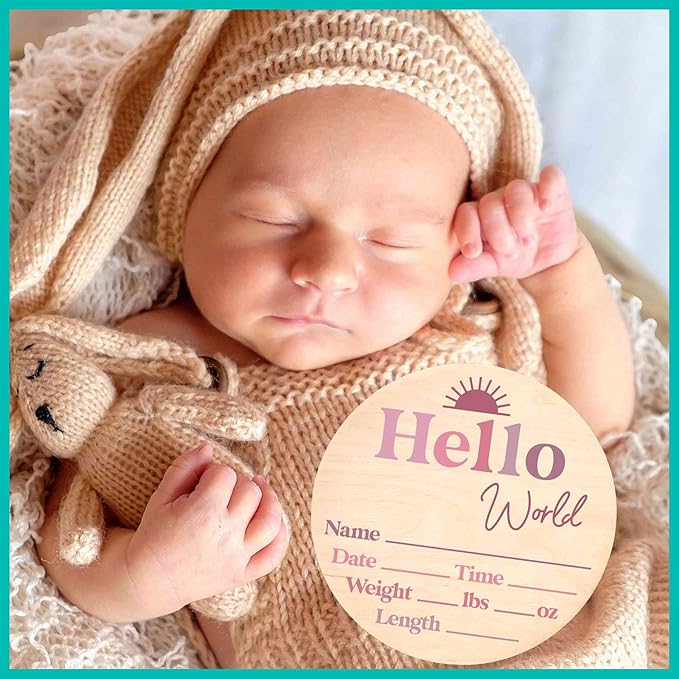 Hello World Newborn Sign - Baby Name Birth Announcement Plaque for Hospital - Photo Prop - Purple Pink Ombre Nursery Decor - Shower Gift