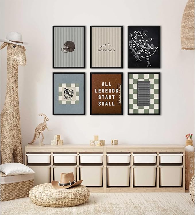 Vintage Football Nursery Wall Art Boys Room Sports Canvas Wall Decor Vintage Football Pictures Prints Boy Sports Posters Nursery Artwork Painting for Kids Toddler Bedroom 8x10 Inch Framed Set of 6