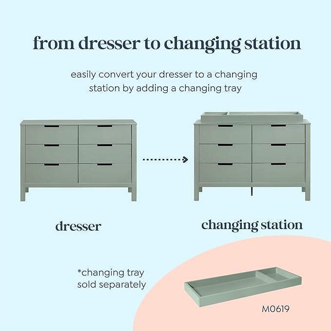 Carter's by DaVinci Colby 6-Drawer Baby Dresser - Wooden Double Chest of Drawers for Kids, Boys, and Girls - Versatile Storage Dresser for Bedroom, Nursery, Living Room and Hallway - Light Sage