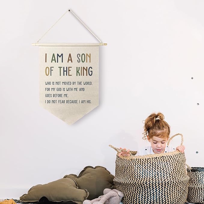 Qpenm I Am a Son of the King Hanging Wall Canvas Banner, Encourage Quote Hanging Pennant Flag Prints, Boys Bedroom Banner, Nursery Wall Hanging poster&prints