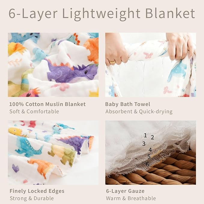 Muslin Swaddle Blankets 6-Layer Cotton Baby Blankets for Boys & Girls 43"X43"Inches Receiving Blankets,Soft Skin-Friendly Baby Crib Blanket,Breathable Quilt Bedspread(Jurassic Dinosaurs)