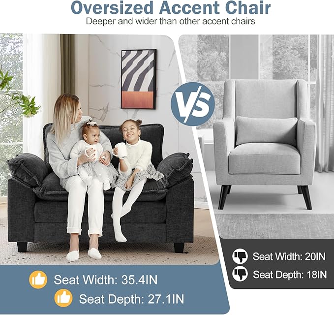 CDCASA Oversized Accent Chair, Chenille Comfy Cloud Sofa Chair with Large Seat and Upholstered Armrests, Modern Extra Wide Armchair Reading Chairs for Bedroom, Living Room,Black