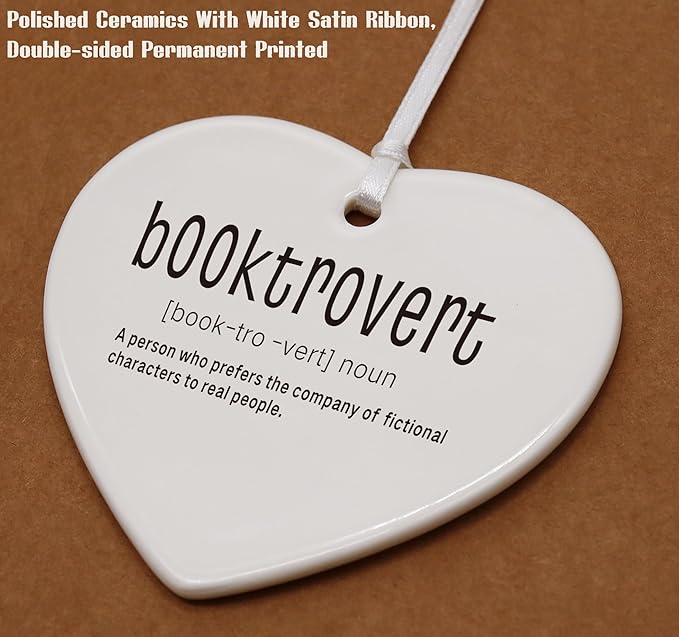 Heart Shaped Christmas Ornament-Booktrovert Definition Gift-Book Lover Reading Theme Decor for Readers Librarians Bookworms Nerds Women Men Teen Girls-Ceramic Keepsake Ornament with Gift Box