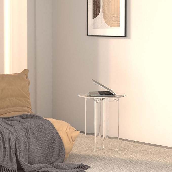 Acrylic Small Coffee Table, Round Accent End Table, Minimalist Bedside Nightstand, Side Tables Living Room, Bedroom Office Indoor Home Decor, Transparent